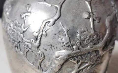 清代老白铜雕花鸟瓶